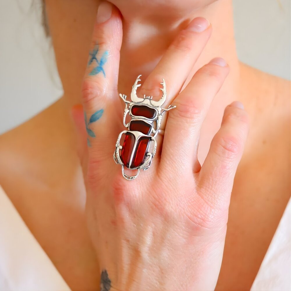 Baltic Cherry Amber Ring -Sterling Silver Scarab Adjustable Ring